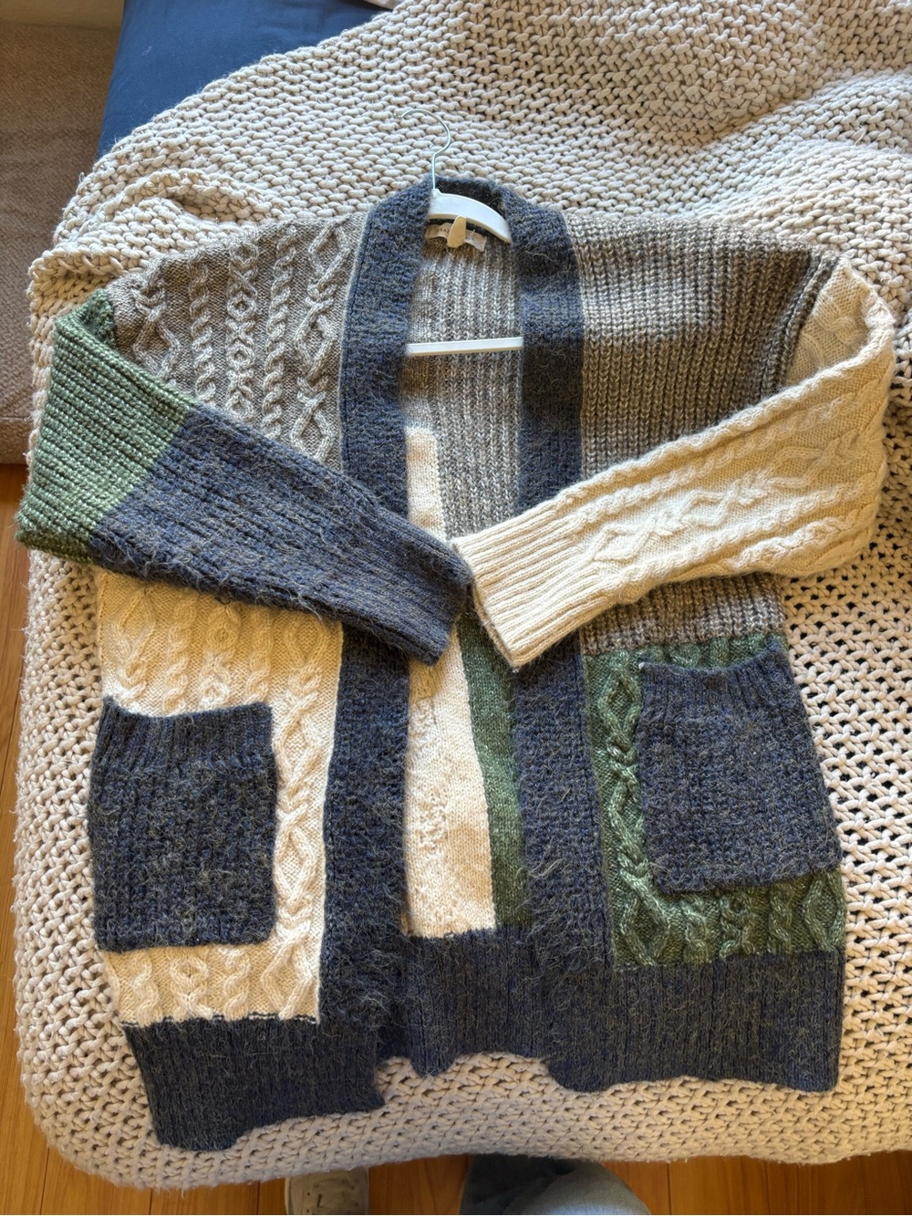 Free People Patchwork Cable Knit Open Cardigan in Cream, Gray & Green